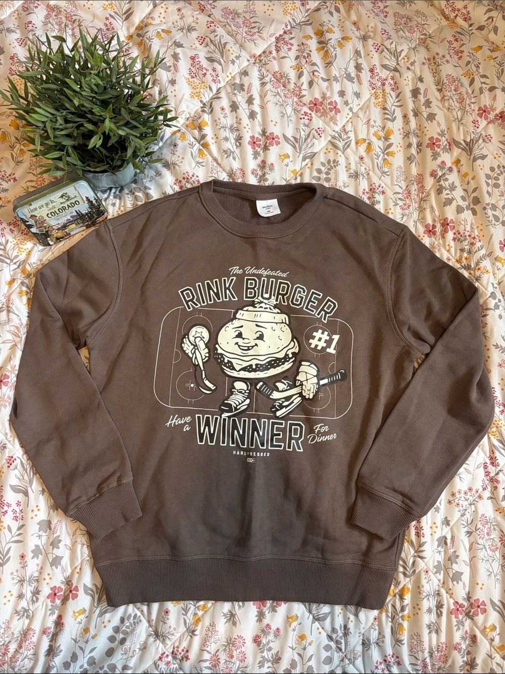 2-$30 or 1-$20 Hardpressed Brown Graphic Crewneck Sweatshirt - Rink Burger